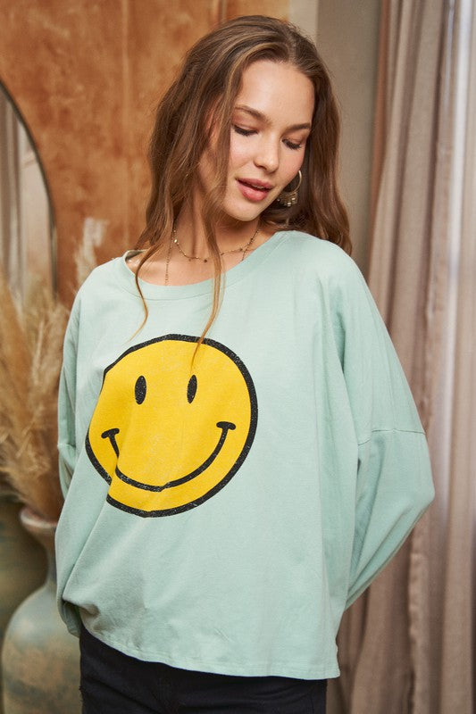Smiley Face Long Sleeve Crop Top | Available in 4 Colors